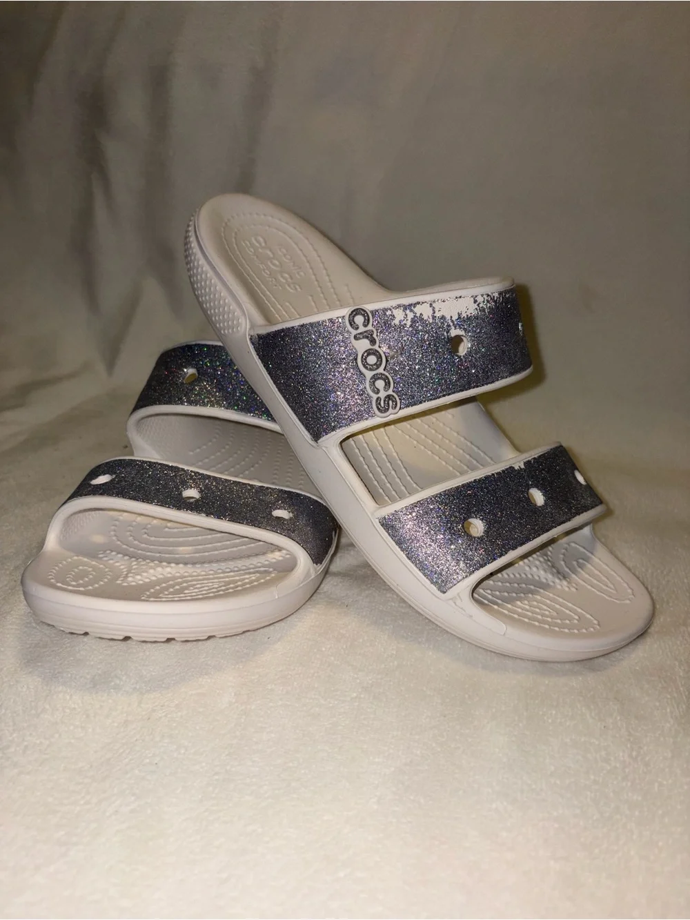 Crocs Women's Double Band Glitter Slide Sandals - White with Sparkle women size